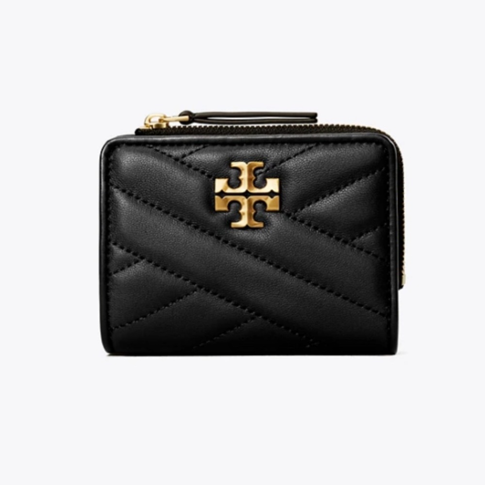 Tory Burch Kira Bi-Fold Black Chevron Wallet with Gold Logo
